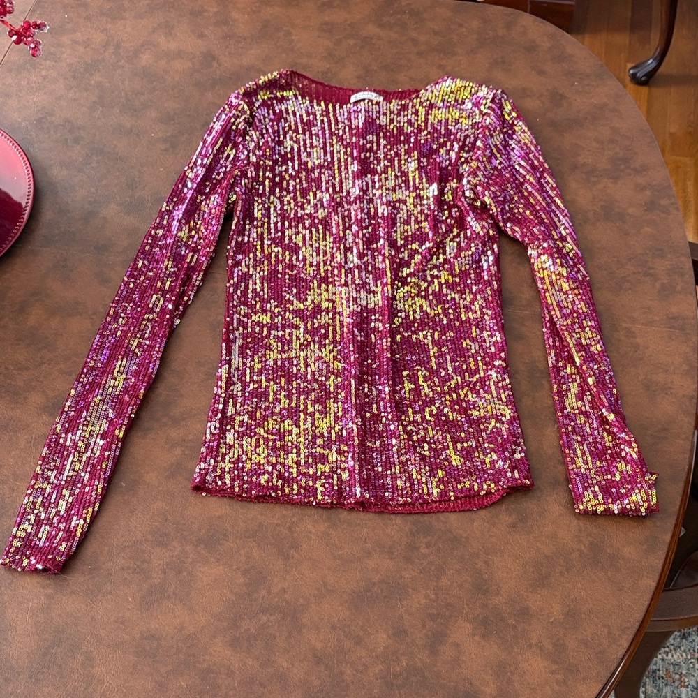 Free People intimately gold rush sequin top wine combo long sleeve